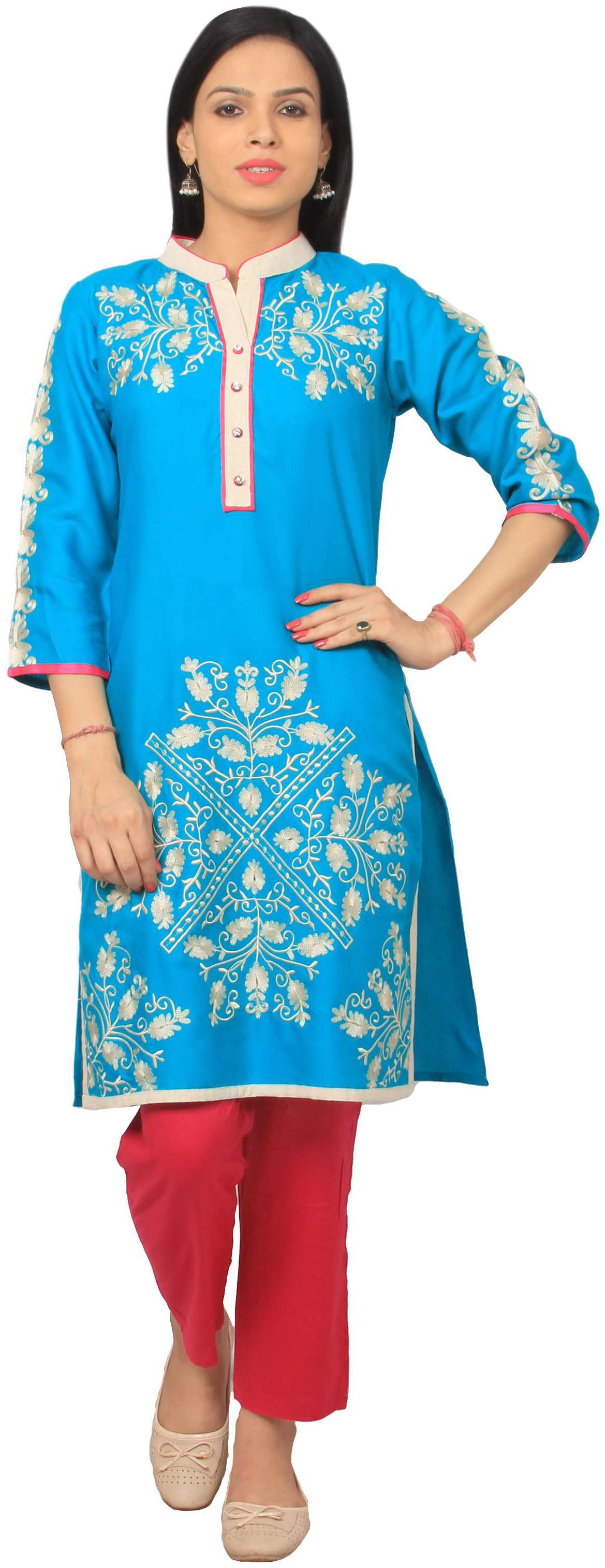 

Rama Women Turquoise Embroidered Straight Kurta
