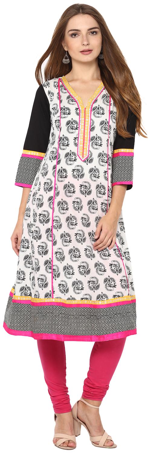 

Rama Women s Printed White Cotton Anarkali Kurta