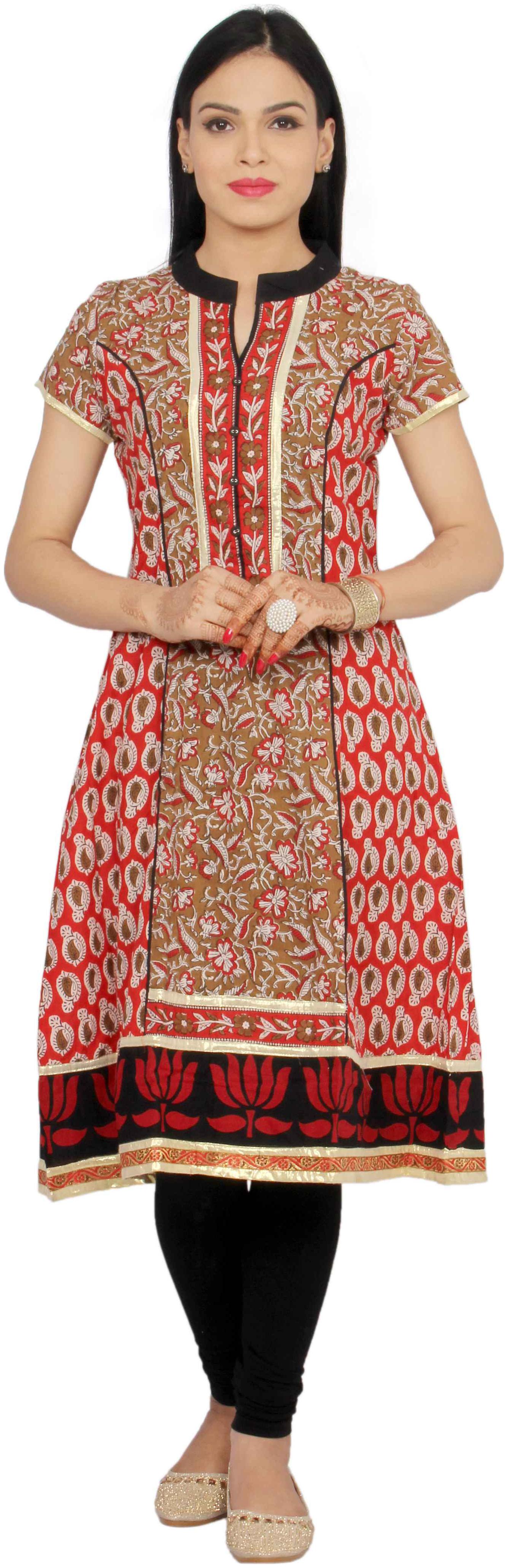 

Rama Women s Printed Red Cotton Anarkali Kurta