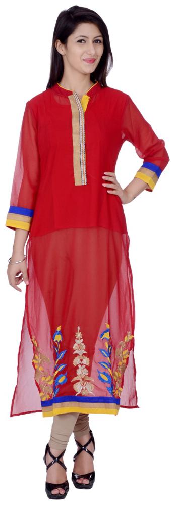 

Rama Women Red Embroidered Straight Kurta