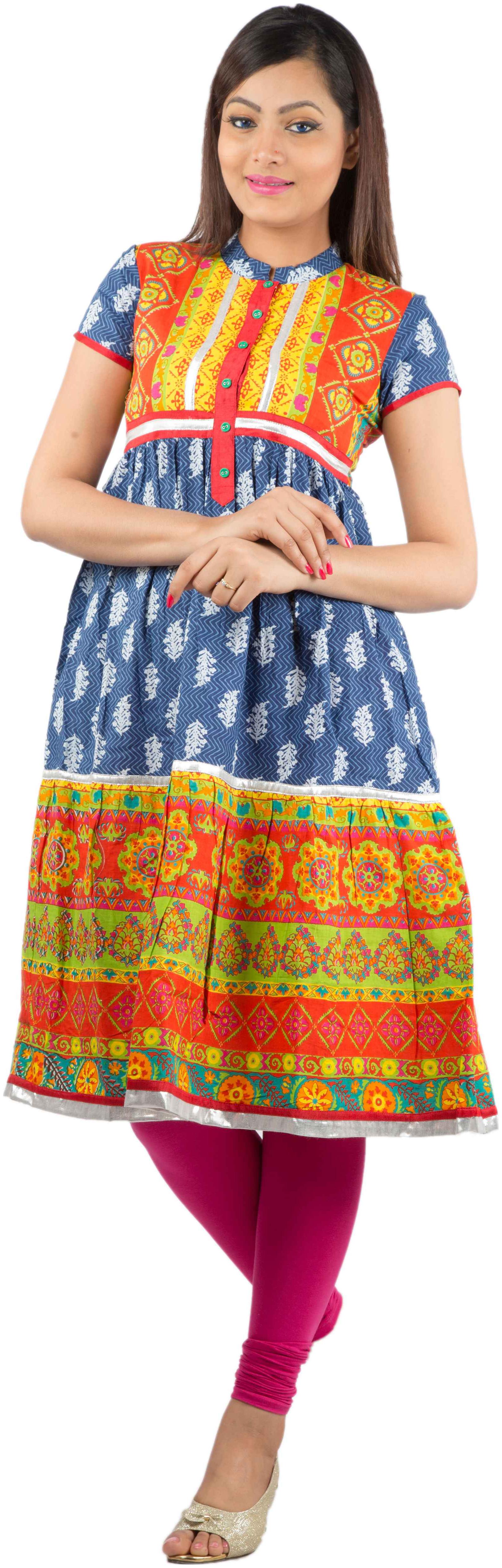 

Rama Women s Printed Blue Cotton A-Line Kurta