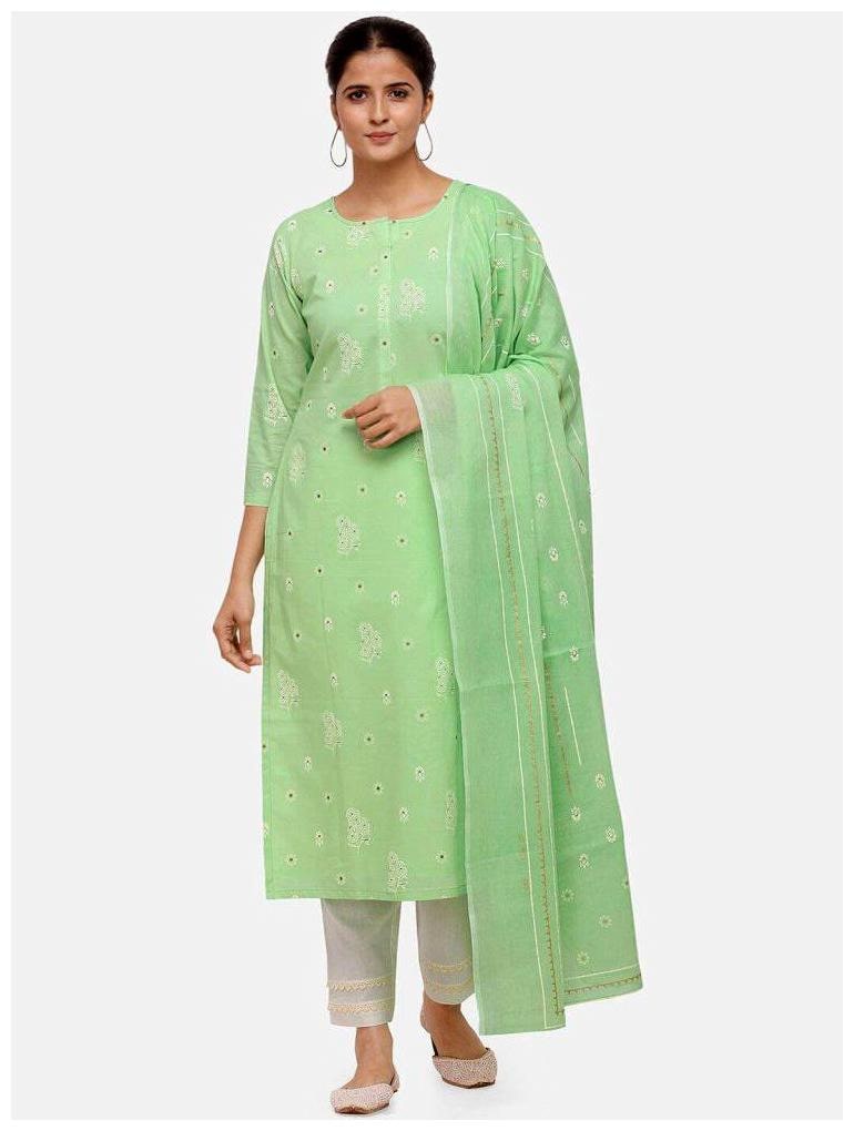 

RANGKRUTI Green White Unstitched Kurta with bottom dupatta With dupatta Dress Material