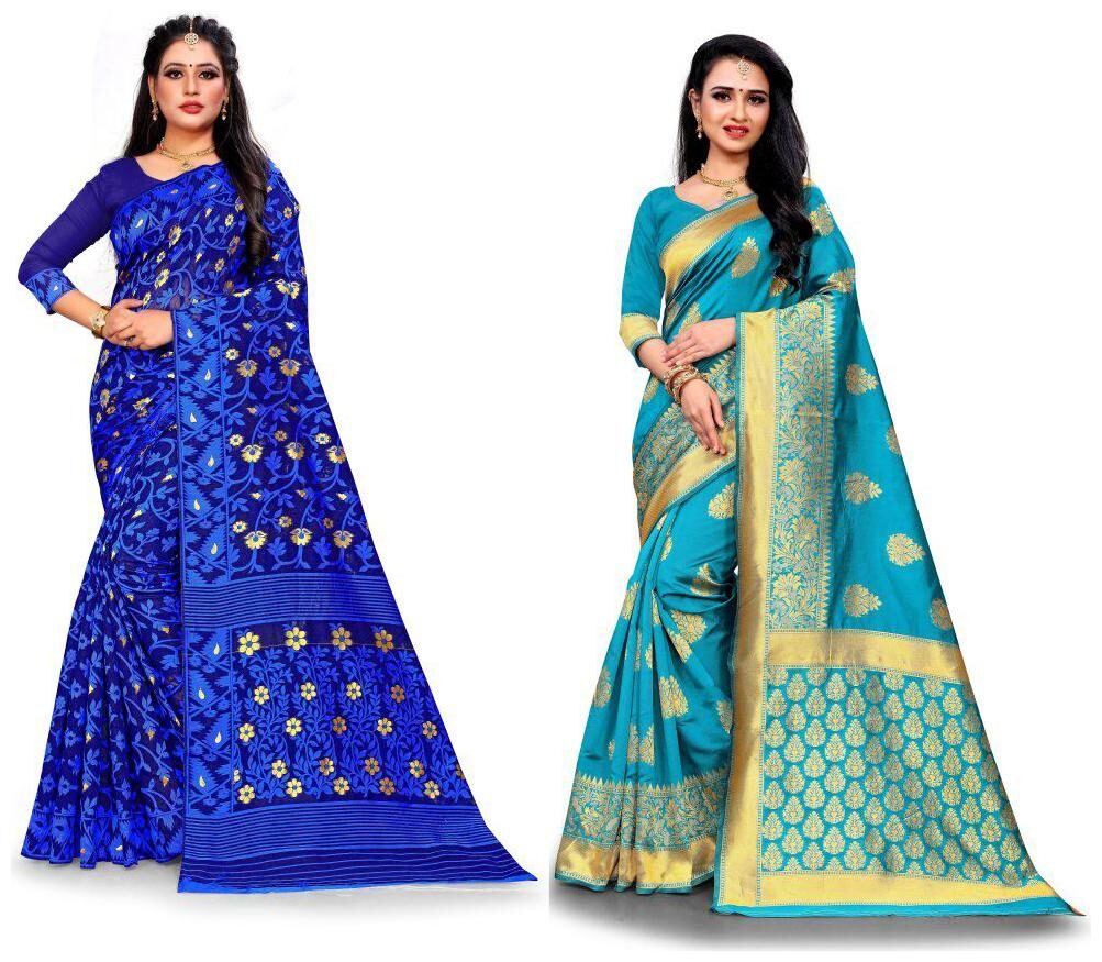 

RANGKRUTI Jacquard Woven Blue Turquoise Color Saree with Blouse (Pack Of 2)