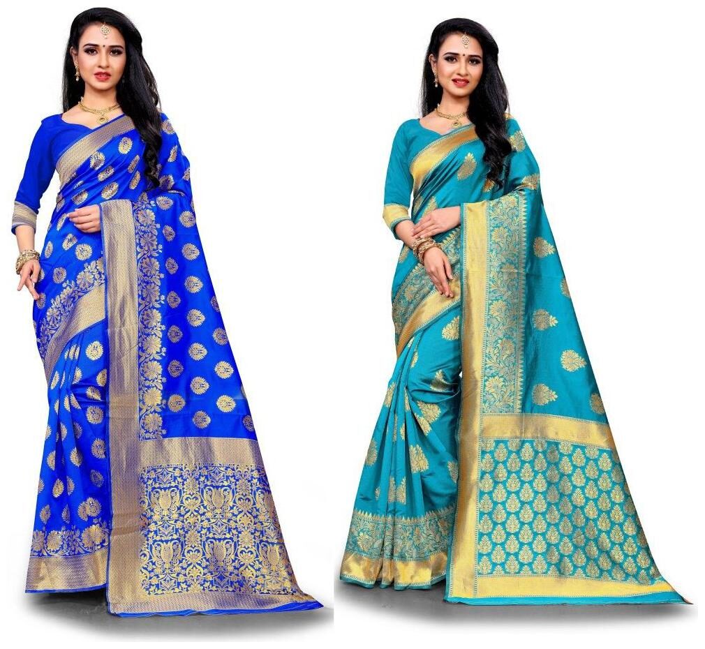 

Rangkruti Sanskruti Blue and Diwani Turquoise Color Heavy Jari Jacquard Pure Banarasi Silk Saree With Blouse (Combo of 2)