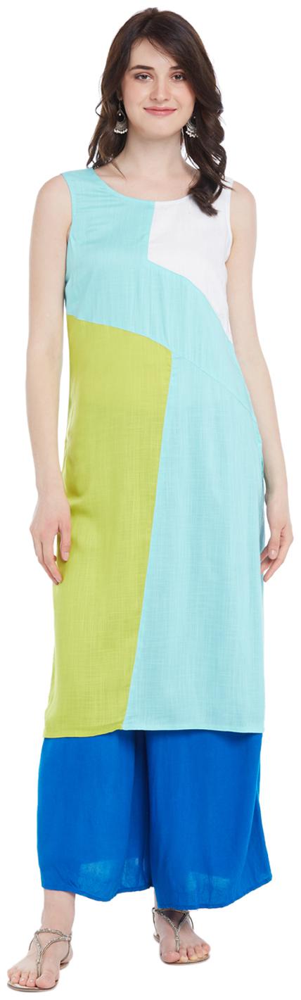 

Rangmanch By Pantaloons Women Turquoise Colorblocked Straight Kurta
