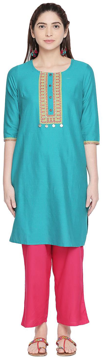 

Rangmanch By Pantaloons Women Turquoise Embroidered Straight Kurta