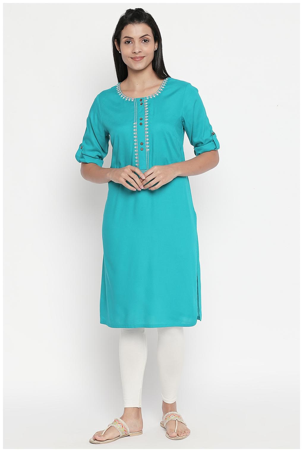 

Rangmanch By Pantaloons Women Turquoise Embroidered Straight Kurta