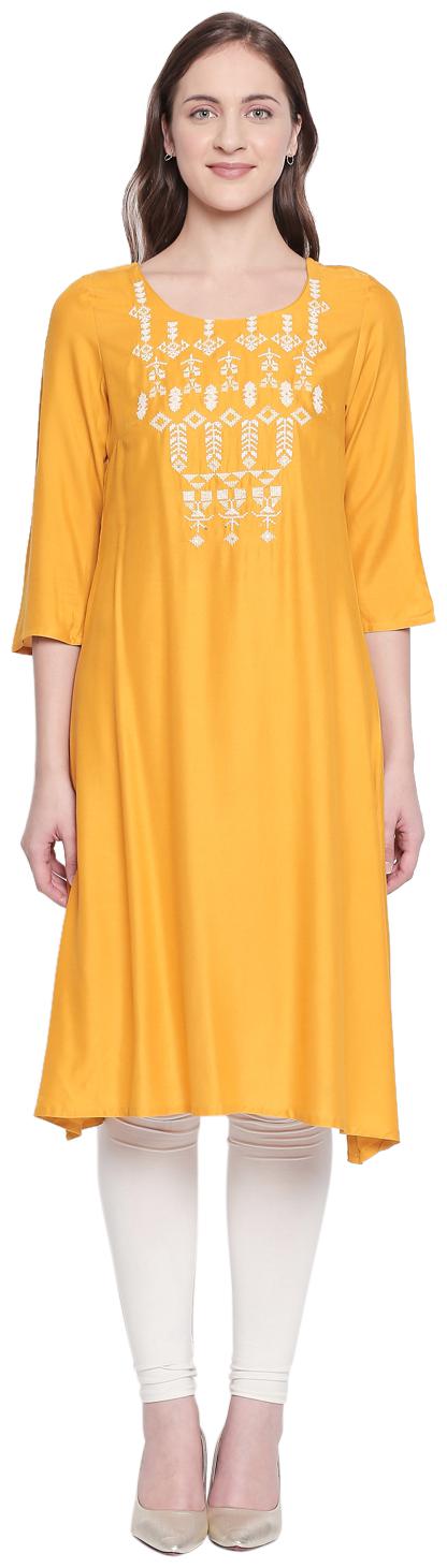 

Rangmanch By Pantaloons Women Yellow Embroidered Assymetrical Kurta