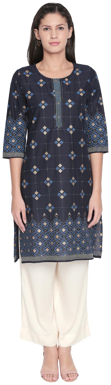 

Rangmanch By Pantaloons Women Navy Blue Printed Straight Kurta