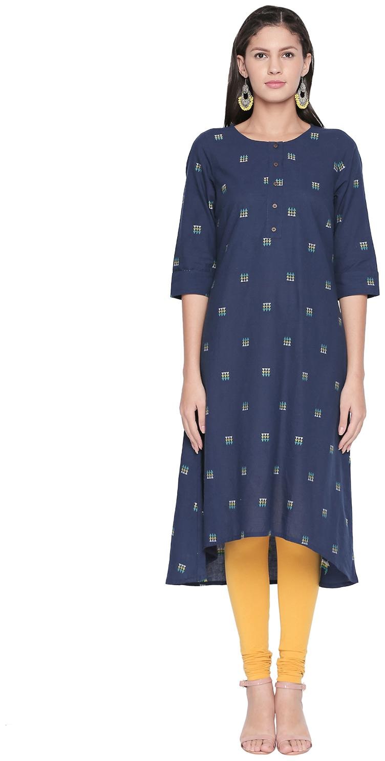 

Rangmanch By Pantaloons Women Navy Blue Printed Assymetrical Kurta