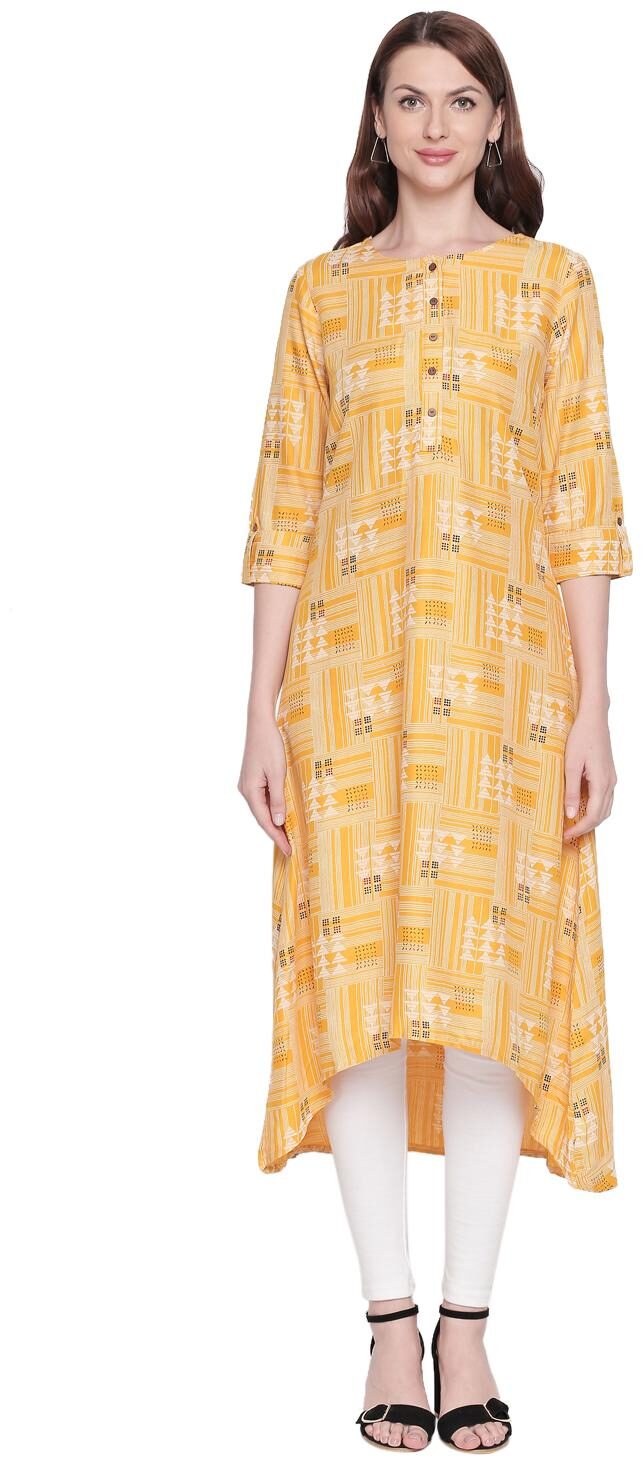 

Rangmanch By Pantaloons Women Yellow Printed Assymetrical Kurta