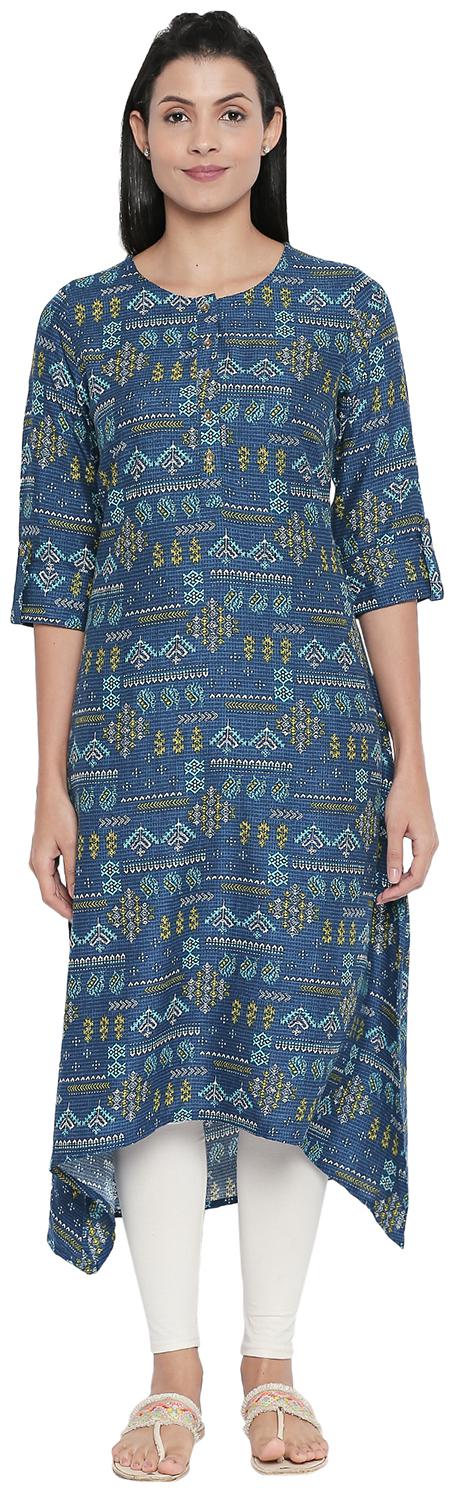 

Rangmanch By Pantaloons Women Blue Printed Assymetrical Kurta