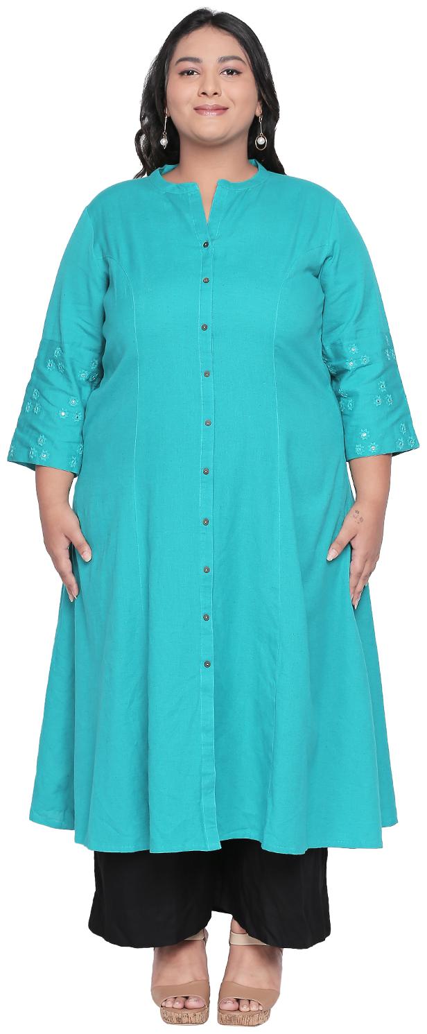 

Rangmanch Plus By Pantaloons Women Turquoise Embroidered Straight Kurta