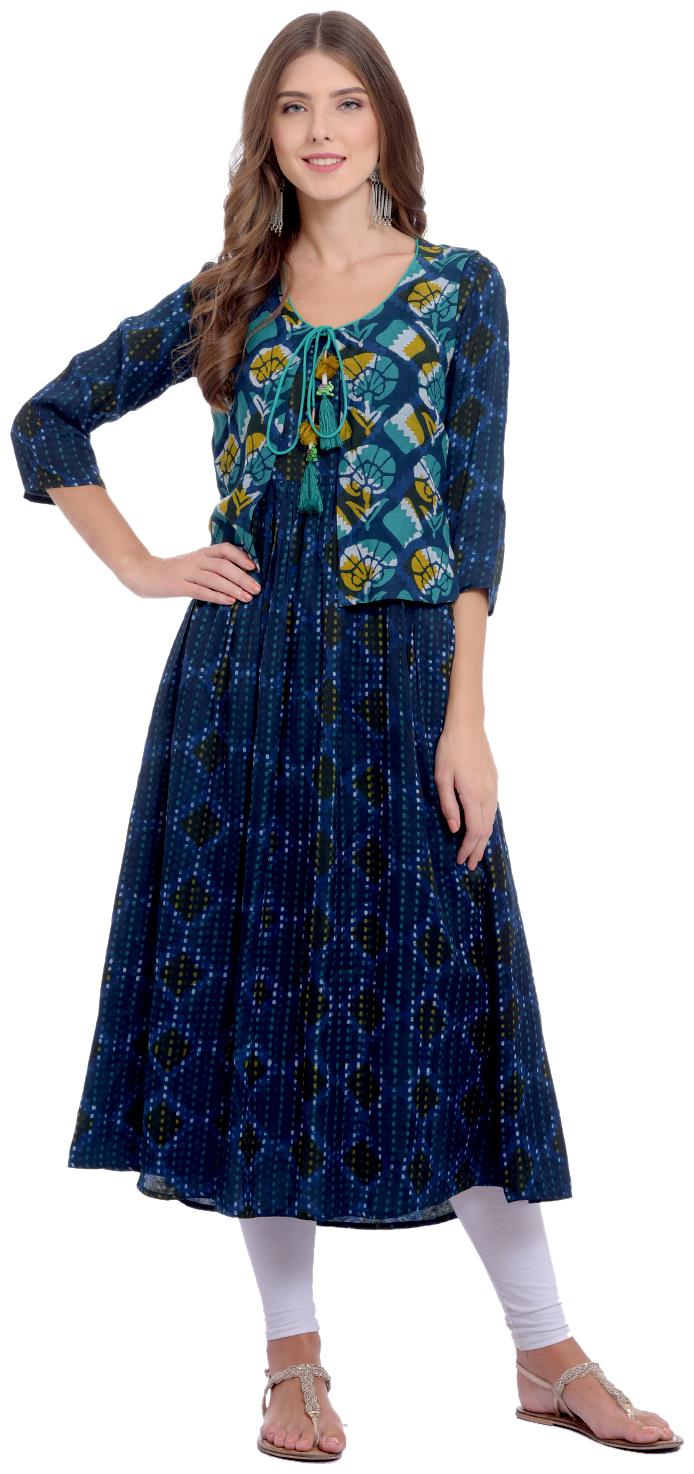 

Rangmayee Womens Viscose Satin Indigo Printed A-Line Kurta with Jacket