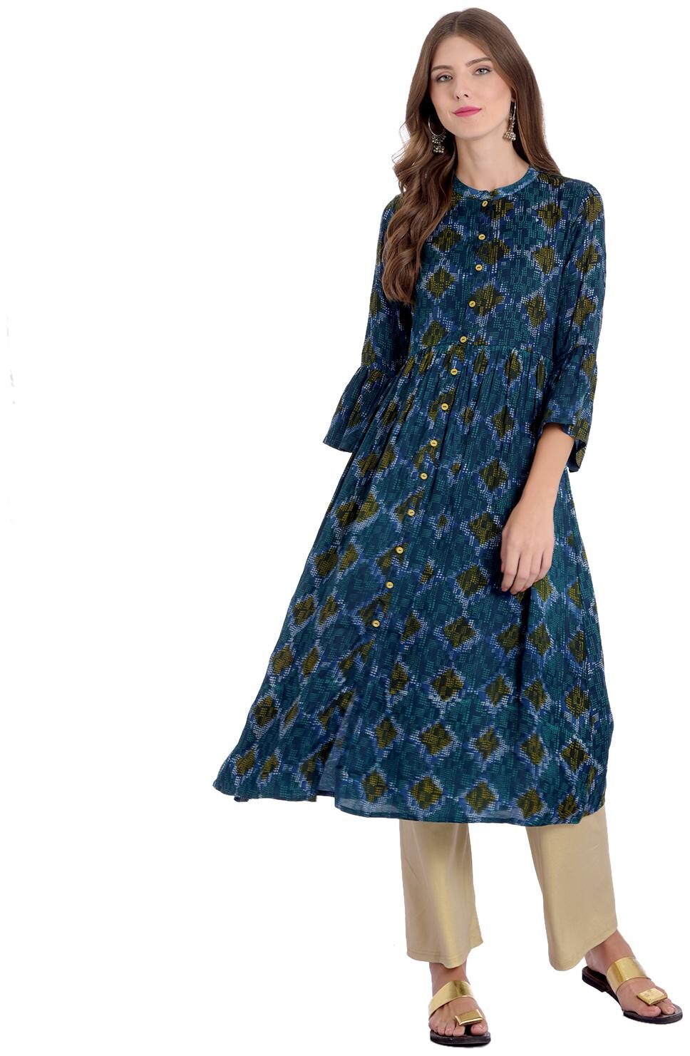 

Rangmayee Womens Viscose Satin Indigo Printed Front Slit Kurta