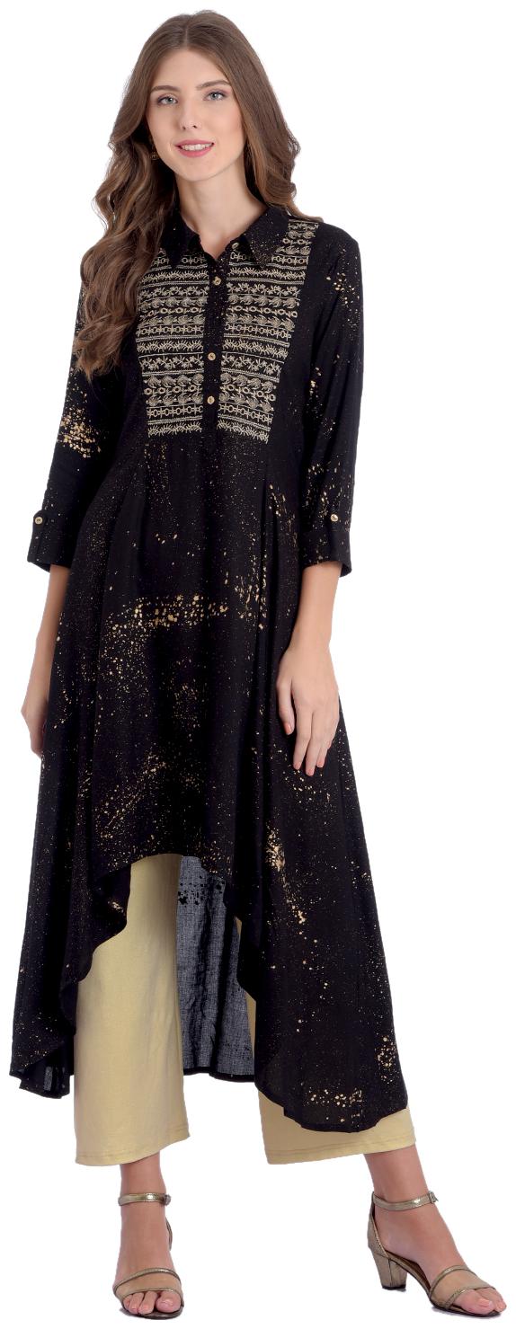 

Rangmayee Womens Rayon Embroidered Printed Uneven Henline Kurta