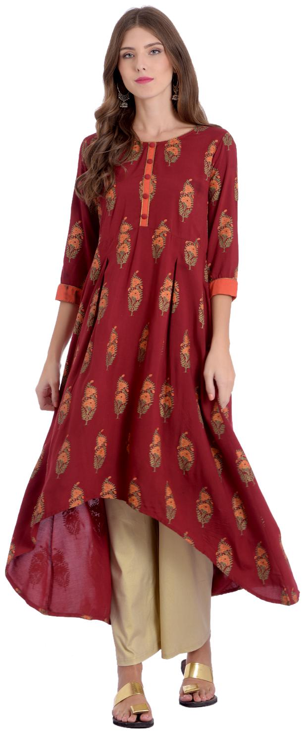 

Rangmayee Womens Rayon Printed A-Line Uneven Hemline Kurta