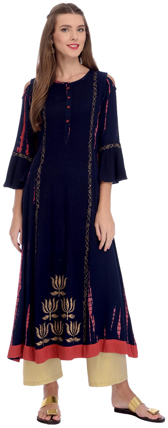 

Rangmayee Womens Rayon Shibori Dyed Gold Print Kurta