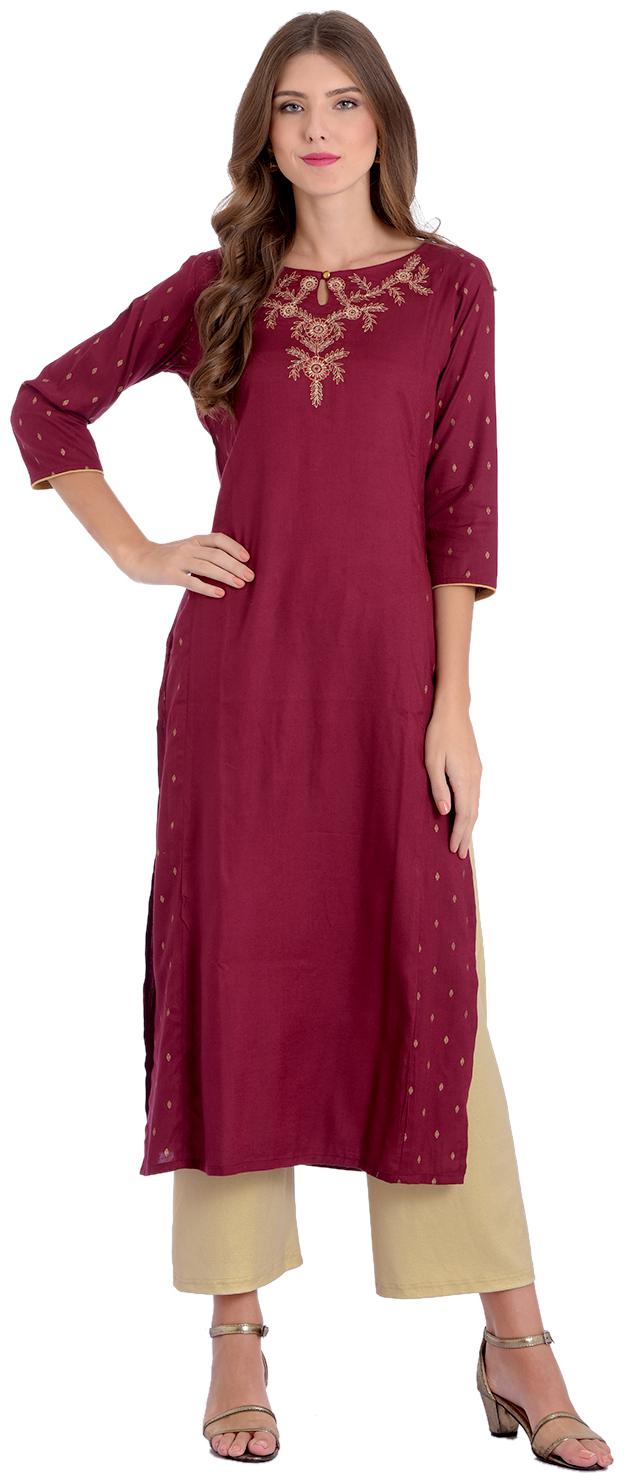 

Rangmayee Women Maroon Embroidered Straight Kurta