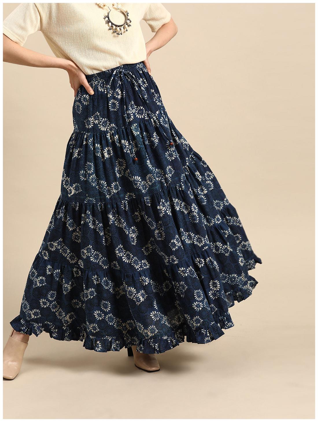 Rangmayee Women Blue White Floral Printed Tiered Skirt by Radheyrama Landmark