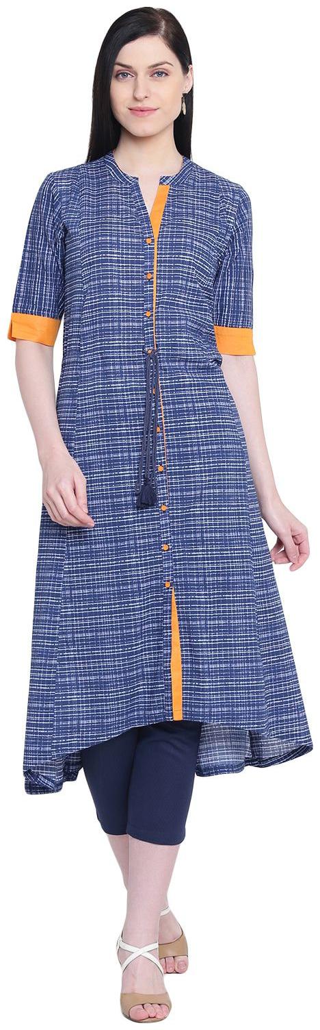 

Rangriti Women Cotton Printed A Line Kurti Dress Blue
