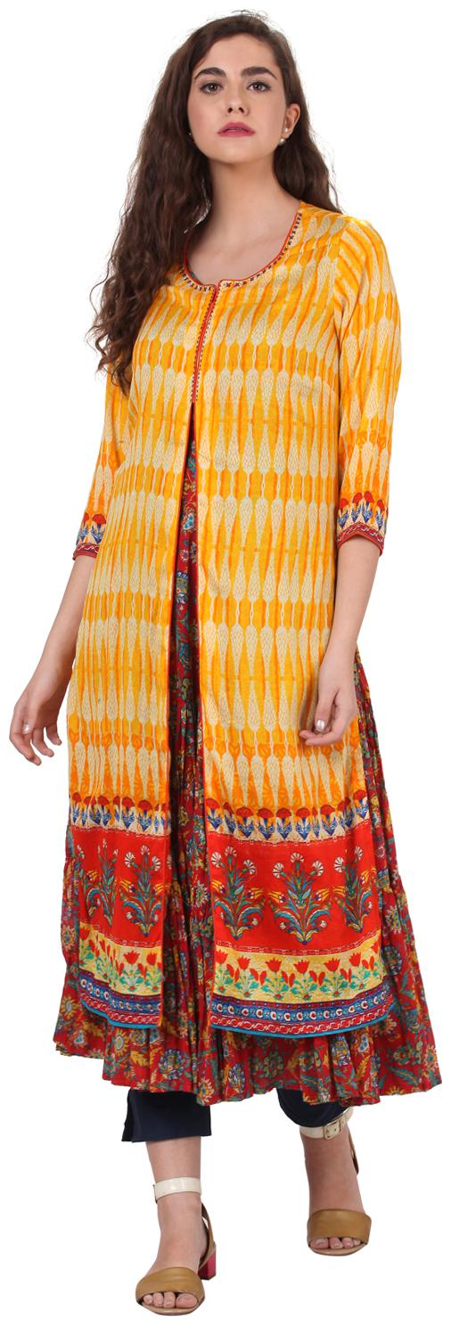 

Rangriti Women Yellow Printed Straight Kurta