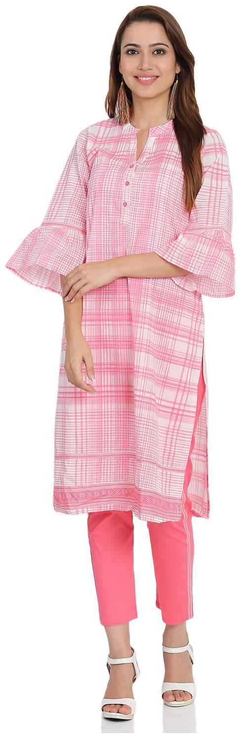 

Rangriti Women White Pink Printed Straight Kurta