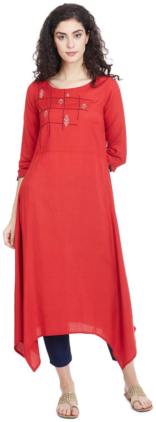 

Rangriti Women Viscose Solid A Line Kurta Red