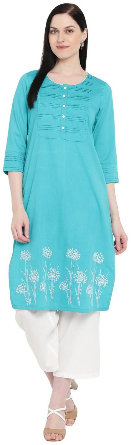 

Rangriti Women Turquoise Embroidered Straight Kurta