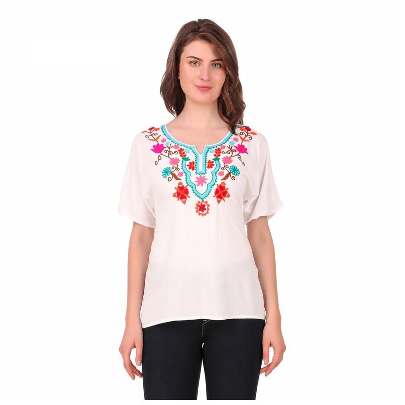 

RANNGAM Women Embroidered Regular top - White