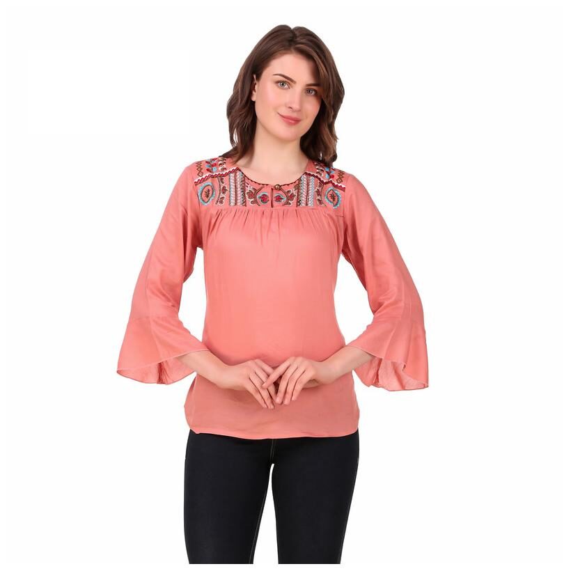 

RANNGAM Women Embroidered Regular top - Peach