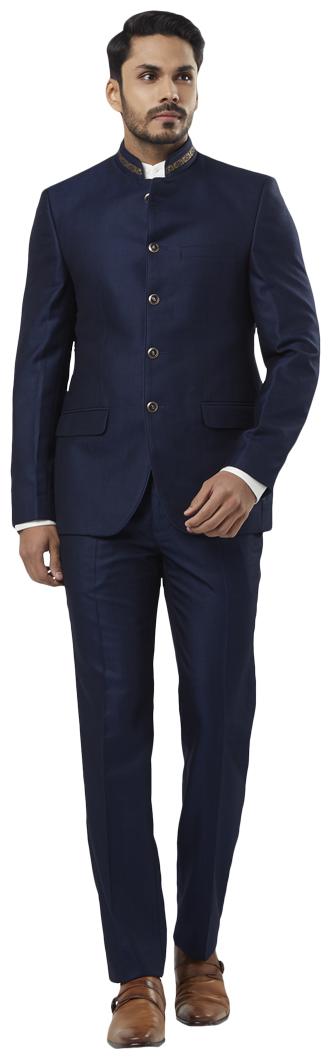 

Raymond Solid Polyester Blend Dark Blue Regular Fit Mandarin Full Sleeve Suit