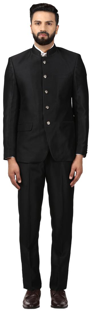 

Raymond Solid Rayon Black Regular Fit Mandarin Collar Full Sleeve Suit