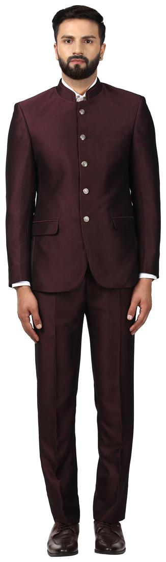 

Raymond Solid Rayon Maroon Regular Fit Mandarin Collar Full Sleeve Suit