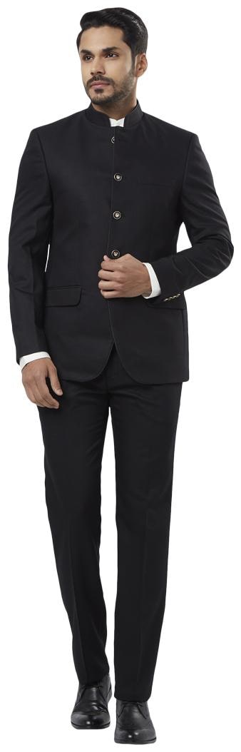 

Raymond Solid Polyester Blend Black Regular Fit Mandarin Full Sleeve Suit
