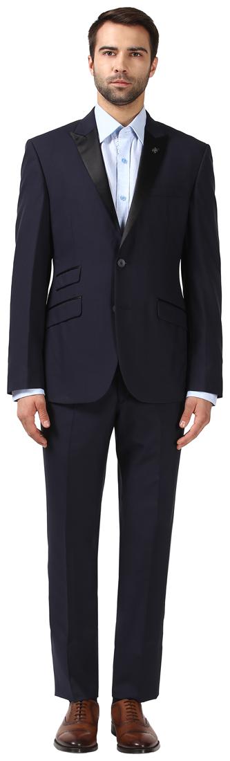 

Raymond Solid wool Blue Slim Fit Peak Lapel Collar Full Sleeve Suit