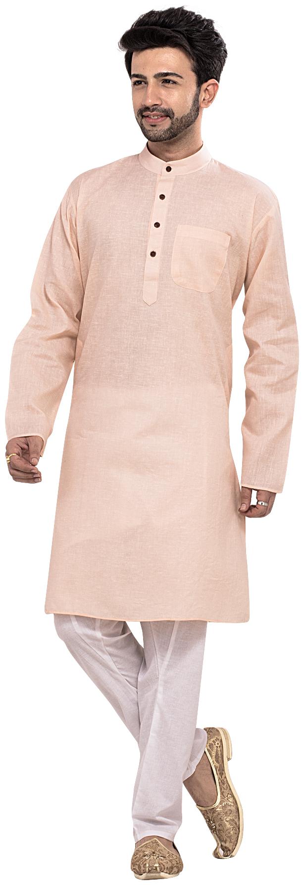 

RC Ethnic Cotton Kurta Pyjama Set For Men Peach White