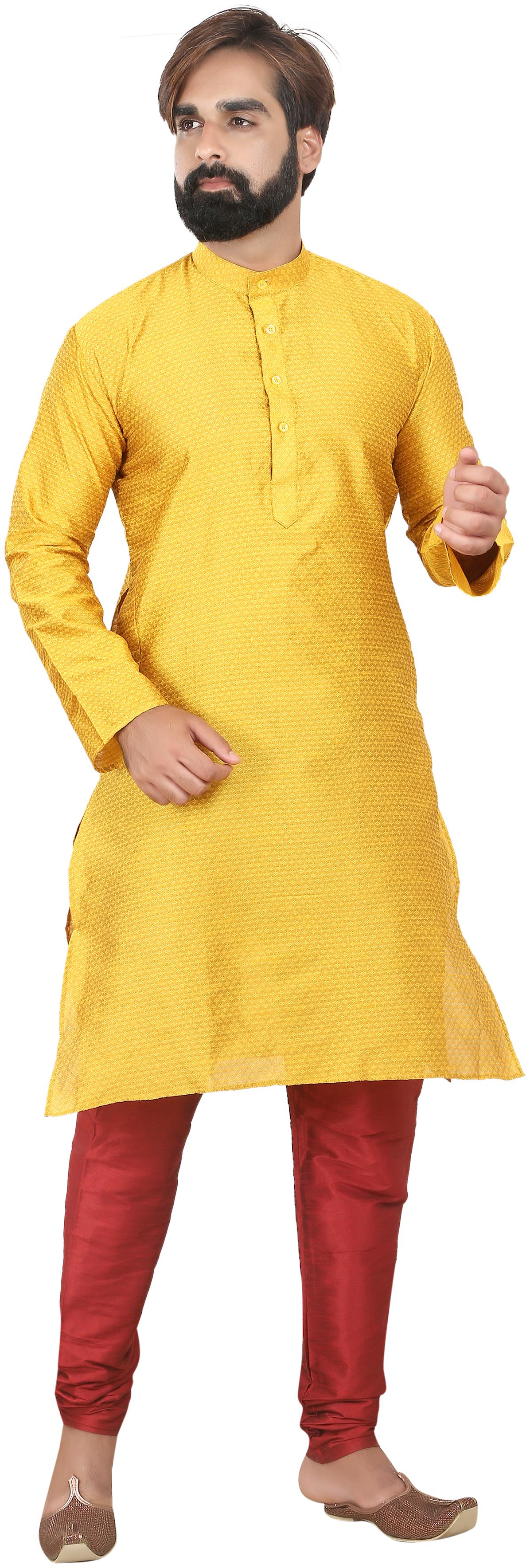 

RC Ethnic Silk Yellow Textured Print Kurta Pyjama For Men