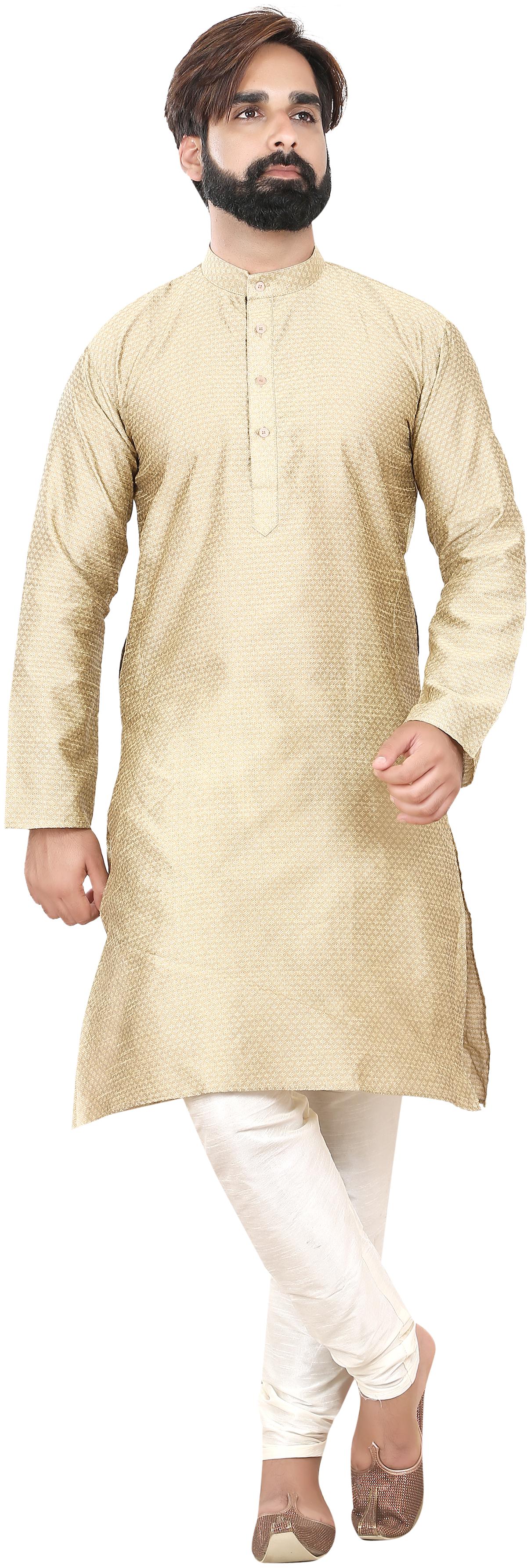

RC Ethnic Silk Light Gold Textured Print Kurta Pyjama For Men