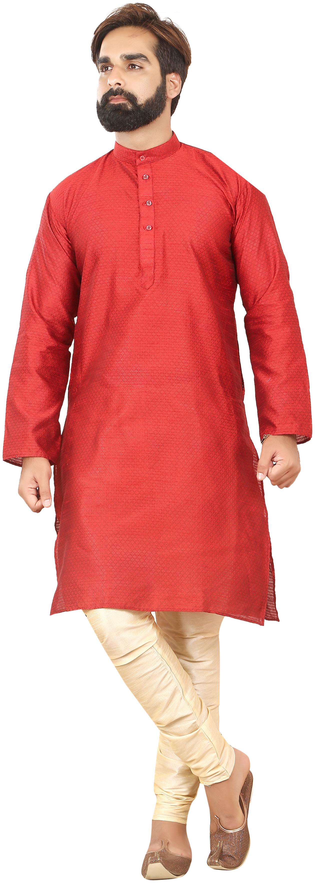 

RC Ethnic Silk Red Textured Print Kurta Pyjama For Men