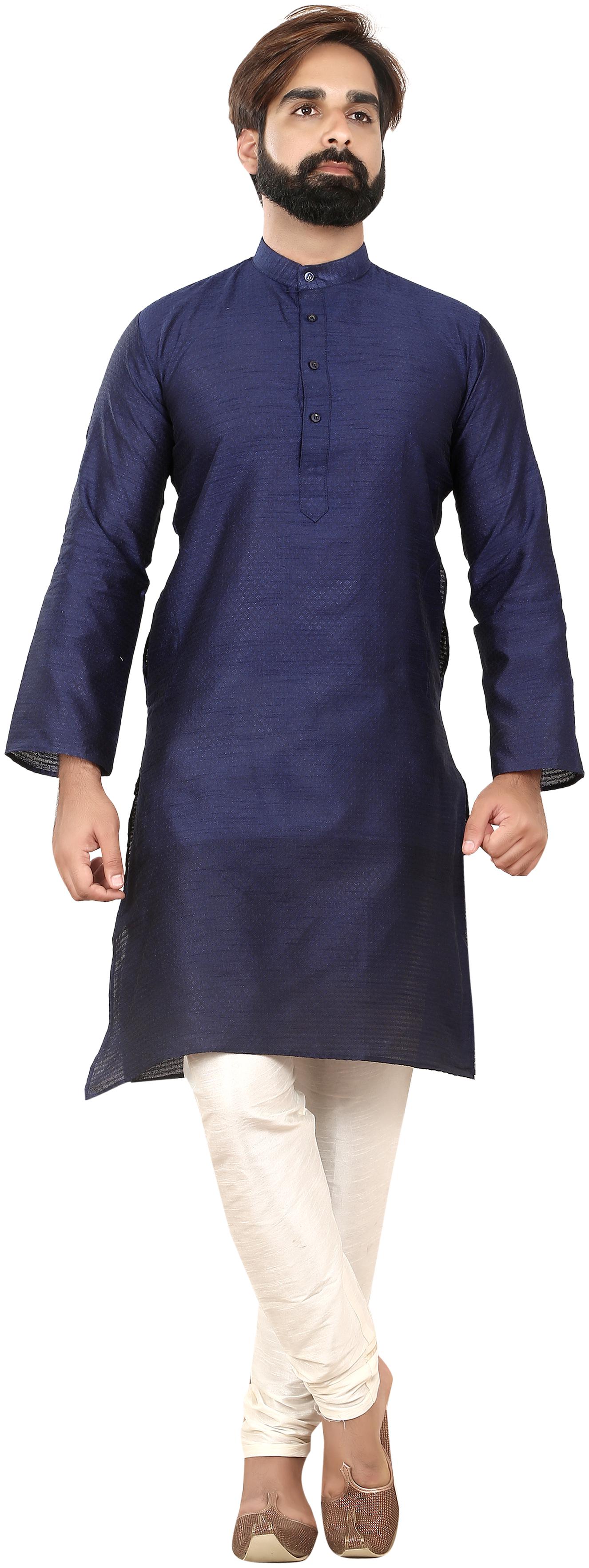 

RC Ethnic Silk Navy Blue Textured Print Kurta Pyjama For Men
