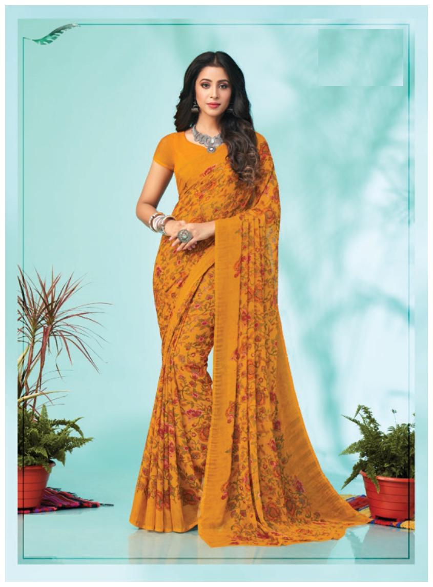 

REBOOT FASHIONS Chiffon Yellow Floral Regular Saree For Women