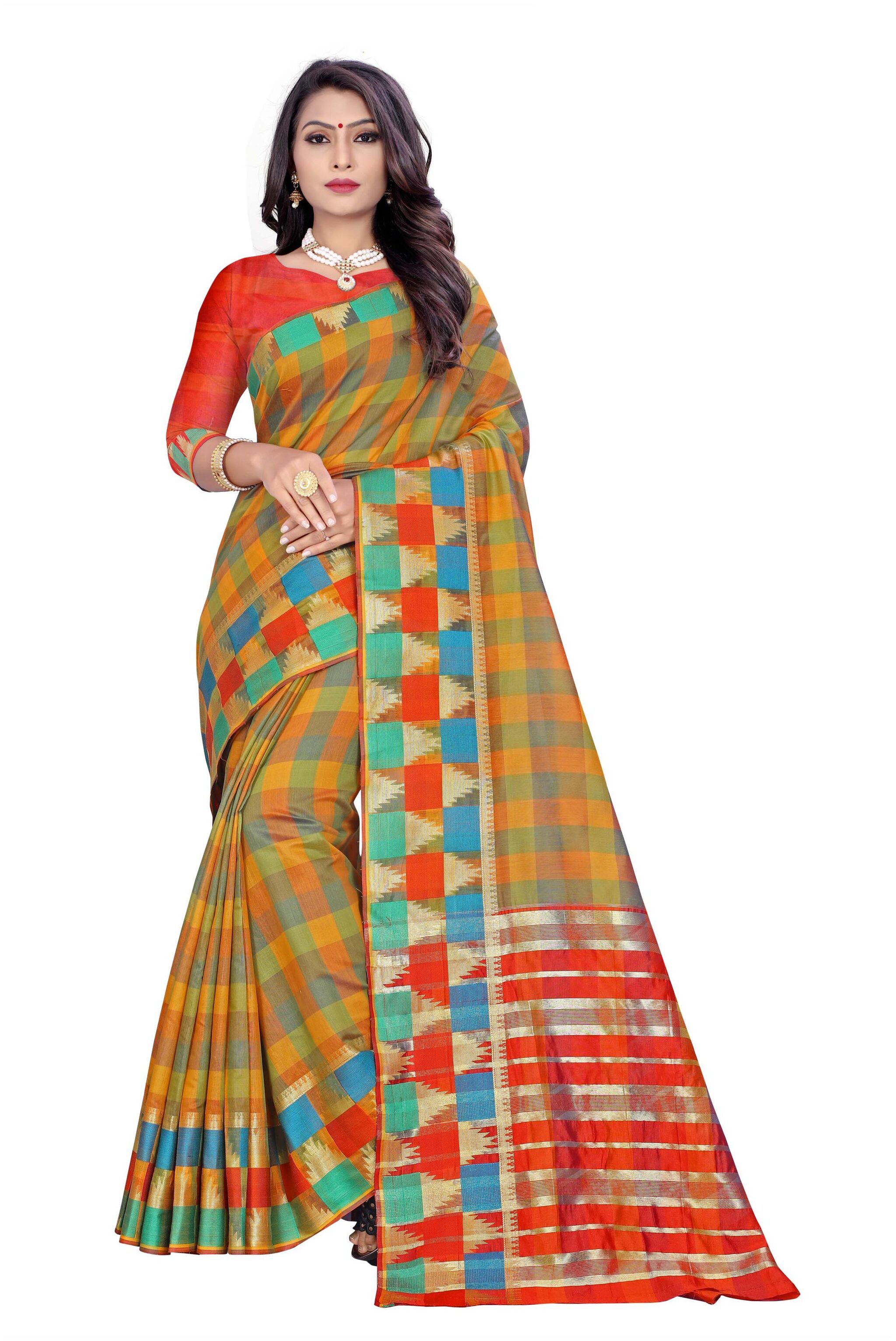 

RECTIFIER Ethical Spot Cotton Blend Checkered Multi Designer Saree For Women