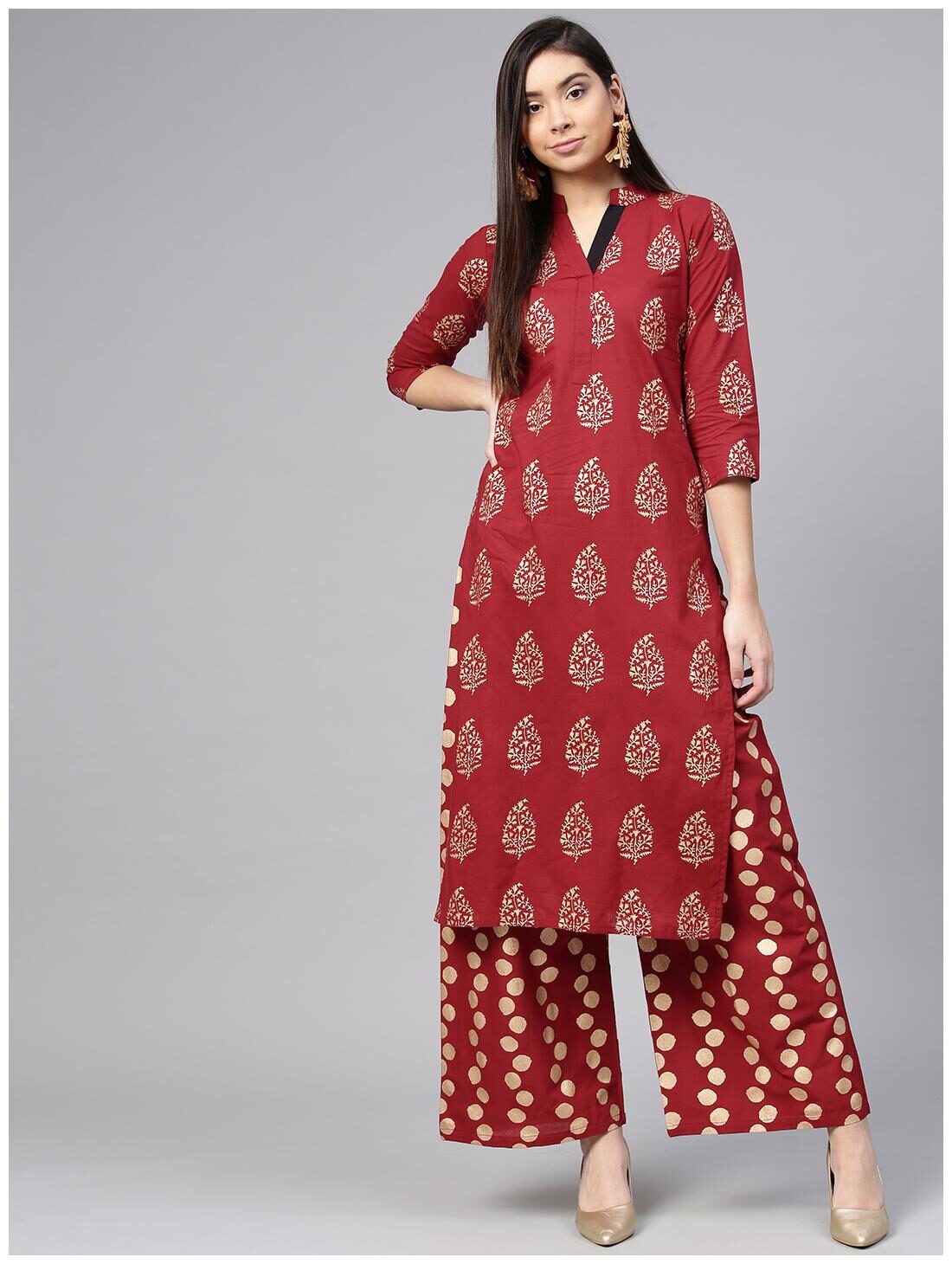 

AASI- HOUSE OF NAYO Women Red Ethnic Motifs Straight Kurta With Palazzo