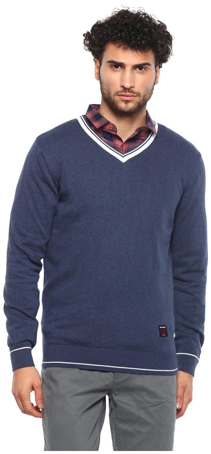 

Red Chief Men Blue V neck Longline sweater