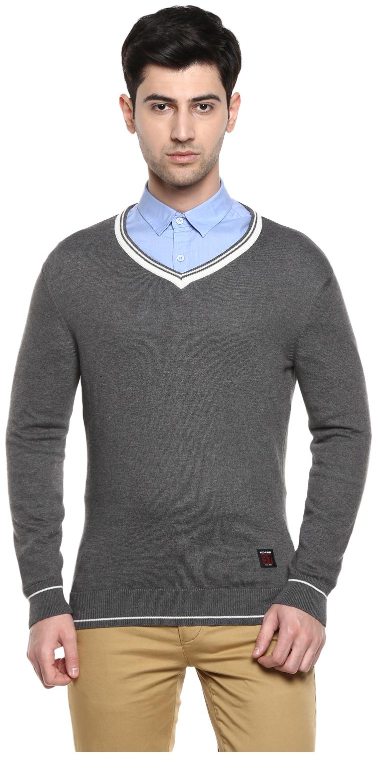 

Red Chief Men Grey V neck Longline sweater