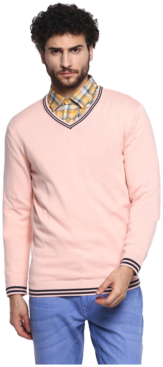 

Red Chief Men Pink V neck Longline sweater