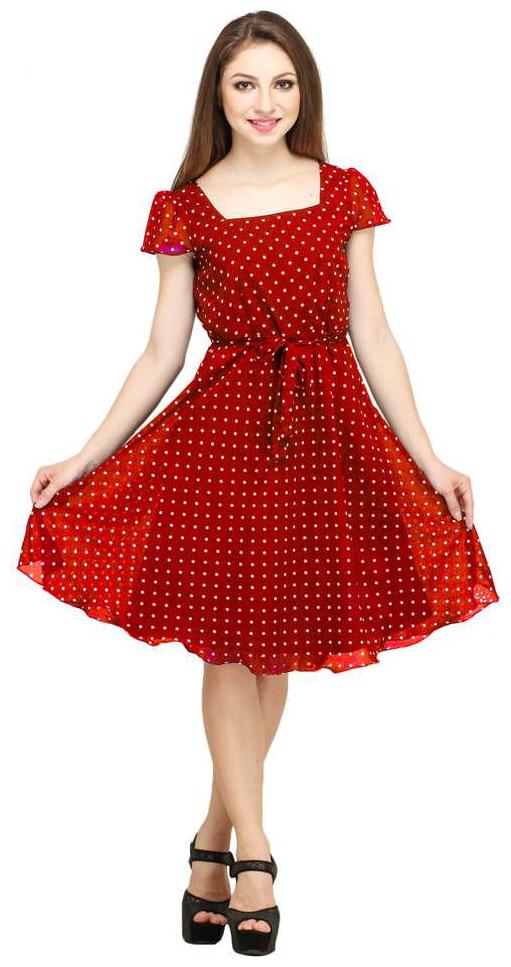 

Red Georgette Flared Polka Dot Dress