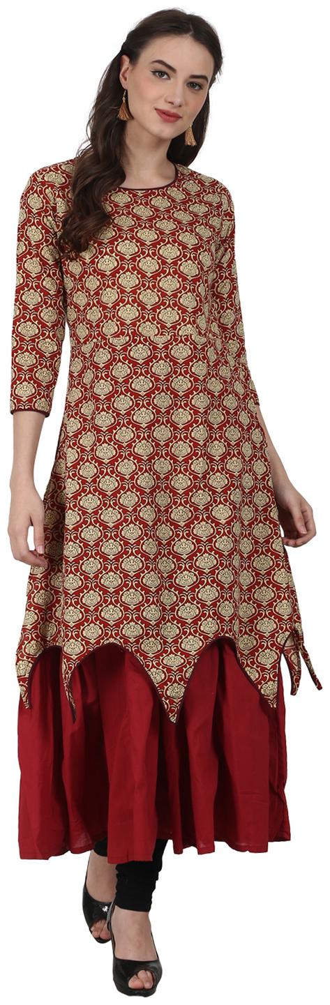 

Nayo Red Printed 3 4 Sleeve Assymetric Layered Cotton Kurta