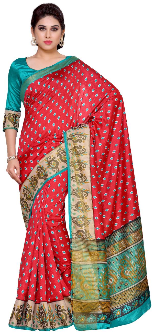 

Mimosa Red Solid Universal Regular Saree With Blouse With blouse